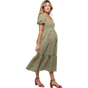 PinkBlush Olive Gingham Smocked Maternity Midi Dress