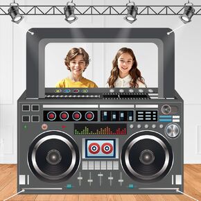 Radio Boombox Photo Booth Props Black Radio Boombox Backdrop Hanging Banner for 80s 90s Hip Pop Retro Music Theme Birthday Party Decoration Supplies 59 × 59 Inch
