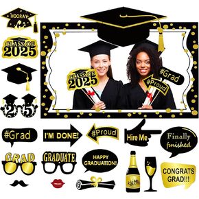 Large Size Graduation Photo Frame + 18 Graduation Photo Booth Props - Grad Class of 2025 Decorations Favors