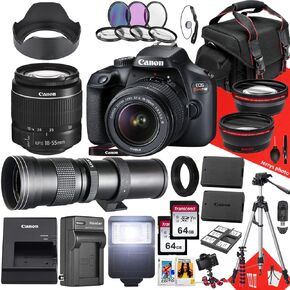 Canon EOS Rebel T100 / 4000D DSLR Camera with Canon EF-S 18-55mm F/3.5-5.6 DC III Zoom and 420-800mm f/8.3 HD Telephoto Zoom Lens + 128 GB Memory + Filters + Tripod + More (31pc Bundle) (Renewed)