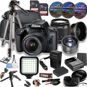 Canon EOS 4000D (Rebel T100) 18MP DSLR Camera w/EF-S 18-55mm F/3.5-5.6 Lens + LED Light + 128GB Memory + Lenses + Filters + Case + Tripod + Grips + Added Power, and More (28pc Bundle) (Renewed)