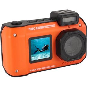 4K Underwater Camera, 48MP 16X Digital Zoom Autofocus Diving Camera, 2500mAh Water Anti Shake Double Screen Selfie Underwater Camera for Outdoor Sports (Orange)