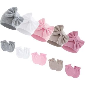 Newborn Baby Girls Hats Mittens Set Beanie Infant Bow Caps Hospital Hat Baby Cotton Gloves No Scratch for 0-6 Months