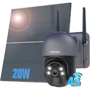 Xega 4G LTE Cellular Security Camera with 20W Solar Panel 20000mAh Battery -【24/7 Record】 Solar No WiFi Security Camera Wireless Outdoor,2K HD Color Night Vision, PIR Motion Detection, Built-in SIM