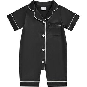 Infant Baby Girl Boy Silk Jumpsuit Pajamas Short Sleeve Button-Up Satin Pjs Footie One-Piece Romper Pajama Nightgown