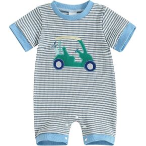 Newborn Infant Baby Boy Waffle Baseball Romper Summer Striped Jumpsuit Short Sleeve Knit Bodysuit Fall Clothes