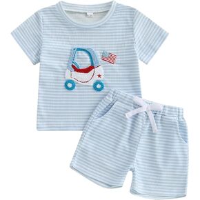 Toddler Baby Boy 4th of July Outfit Stars Stripes Cart Embroidery Short Sleeve T Shirt Shorts Set Summer Clothes
