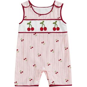 Emmababy Cherry Outfit Baby Girl Smocked Bubble Romper Cherry Ruffle Bodysuit Infant Fruit Outfit Newborn Summer Jumpsuit