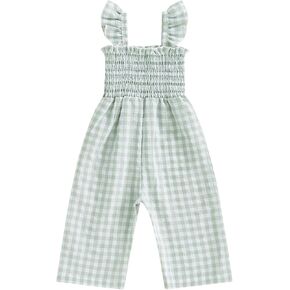 Toddler Baby Girl Gingham Jumpsuit Ruffle Smocked Rompers Suspender Overalls Coveralls Outfit Summer Clothes