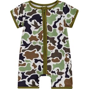 Newborn Baby Boy Hunting Clothes Duck Camo Short Sleeve Zip Up Romper Jumspuit One-Piece Bodysuit Summer Outfit