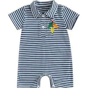 Infant Baby Boy Fishing Outfit Stripe Button Down Short Sleeve Fish Embroidery Polo Jumpsuit Summer One Piece Outfits