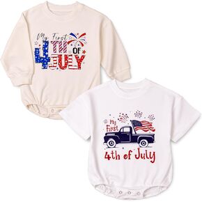 2 PCS 4th of July Baby Romper Patriotic Outfit, My First 4th of July Romper for Baby Boy Girl Independence Day