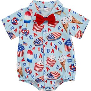 Newborn Baby Boy 4th of July Outfit Dress Shirt Bodysuit Button Down Short Sleeve Bowtie Romper One Piece Outfit