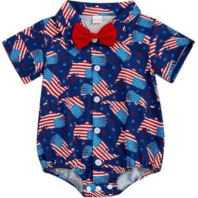 Newborn Baby Boy 4th of July Outfit Dress Shirt Bodysuit Button Down Short Sleeve Bowtie Romper One Piece Outfit in Kuwait