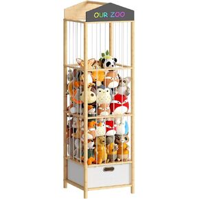 HOOBRO Stuffed Animal Storage & Organizer, Bamboo Stuffed Animal Holder with Fabric Drawer and DIY Chalkboard, Plush Toy Organizer for Playroom, Living Room, Nursery, Natural and Beige YL66CW01