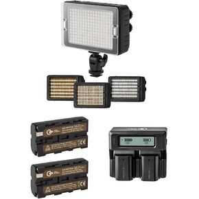 CLAR 204 Phantom Series Bi-Color On Camera LED Light Bundle with 2X Green Extreme NP-F550 Battery Pack, Dual Charger