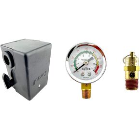23474661 Pressure Switch for Ingersoll Rand Single Port 100-135 PSI Single Stage Compressor SS3 And SS5, with 1/4" NPT Color Air Tank Gauge and 150 PSI Safety Valve