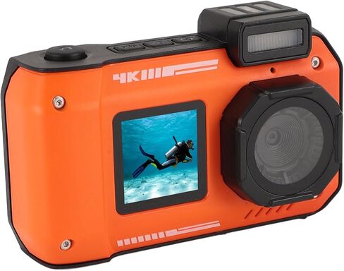 4K Underwater Camera, 48MP 16X Digital Zoom Autofocus Diving Camera, 2500mAh Water Anti Shake Double Screen Selfie Underwater Camera for Outdoor Sports (Orange) in Saudi Arabia