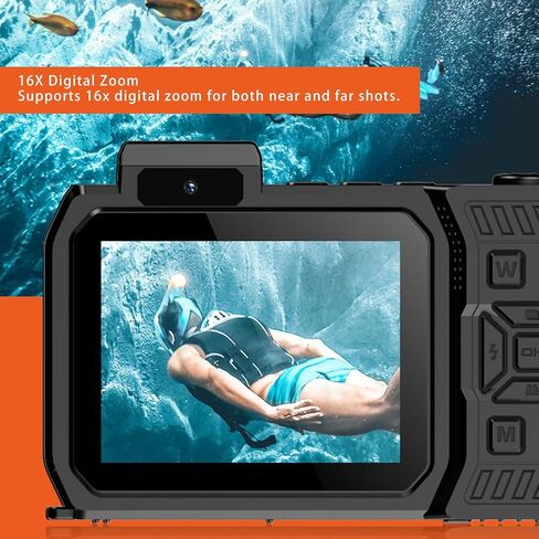4K Underwater Camera, 48MP 16X Digital Zoom Autofocus Diving Camera, 2500mAh Water Anti Shake Double Screen Selfie Underwater Camera for Outdoor Sports (Orange) in Saudi Arabia