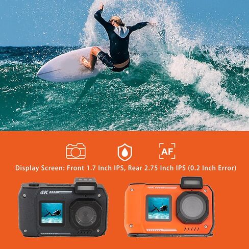 4K Underwater Camera, 48MP 16X Digital Zoom Autofocus Diving Camera, 2500mAh Water Anti Shake Double Screen Selfie Underwater Camera for Outdoor Sports (Orange) in Saudi Arabia