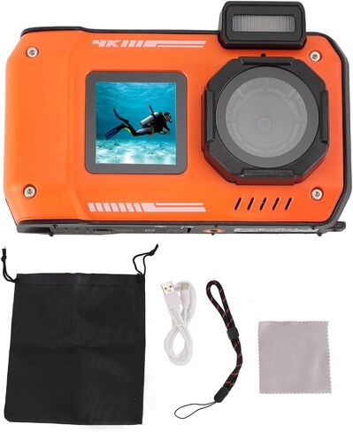 4K Underwater Camera, 48MP 16X Digital Zoom Autofocus Diving Camera, 2500mAh Water Anti Shake Double Screen Selfie Underwater Camera for Outdoor Sports (Orange) in Saudi Arabia