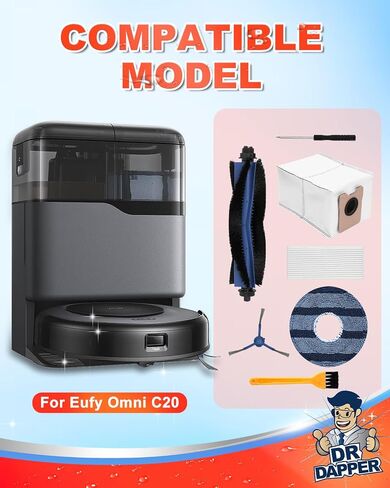 Dr Dapper استبدال قطع الغيار المتوافقة مع eufy فراغ omni c20 ، 24 حزمة إكسسوارات مجموعة (2 الفرشاة الرئيسية ، 6 فرشاة جانبية ، 4 مرشح HEPA ، 6 حقيبة غبار ، 4 منصات ممسحة ، 1 فرشاة التنظيف ، 1 مفك البراغي) in Kuwait