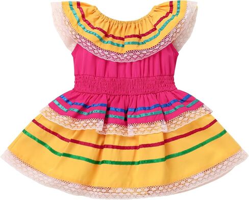 IKADEX Baby Girls Mexican Dress Traditional Rainbow Striped Cinco de Mayo Día de Muertos Dresses in Saudi Arabia