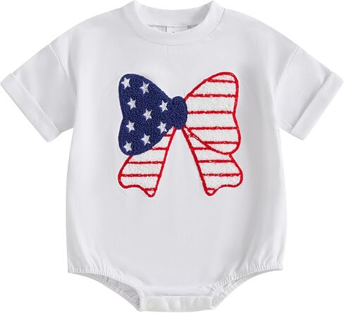 Newborn Baby Girl Bubble Romper 4th of July Outfits USA Flag Embroidery Short Sleeve Bodysuit T Shirt in Saudi Arabia