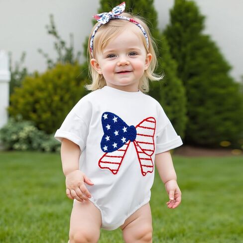 Newborn Baby Girl Bubble Romper 4th of July Outfits USA Flag Embroidery Short Sleeve Bodysuit T Shirt in Saudi Arabia