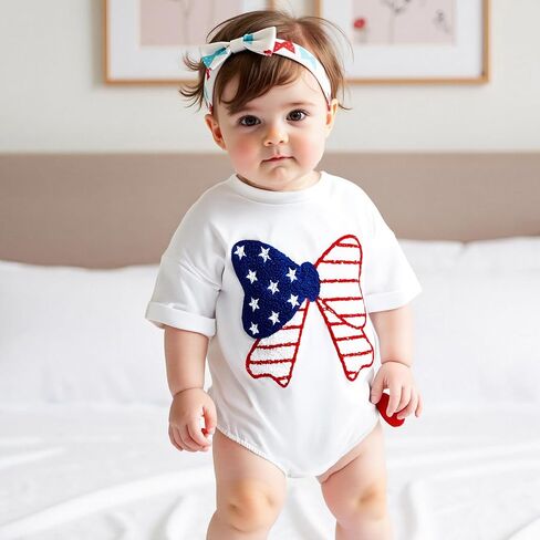 Newborn Baby Girl Bubble Romper 4th of July Outfits USA Flag Embroidery Short Sleeve Bodysuit T Shirt in Saudi Arabia