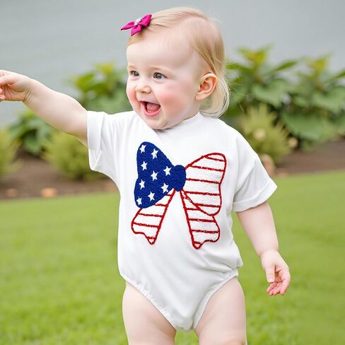 Newborn Baby Girl Bubble Romper 4th of July Outfits USA Flag Embroidery Short Sleeve Bodysuit T Shirt in Saudi Arabia