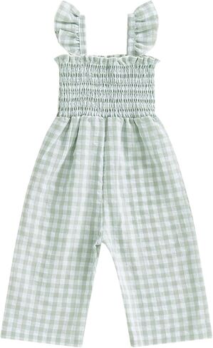 Toddler Baby Girl Gingham Jumpsuit Ruffle Smocked Rompers Suspender Overalls Coveralls Outfit Summer Clothes in Saudi Arabia