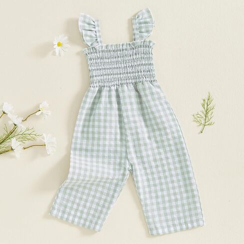 Toddler Baby Girl Gingham Jumpsuit Ruffle Smocked Rompers Suspender Overalls Coveralls Outfit Summer Clothes in Saudi Arabia