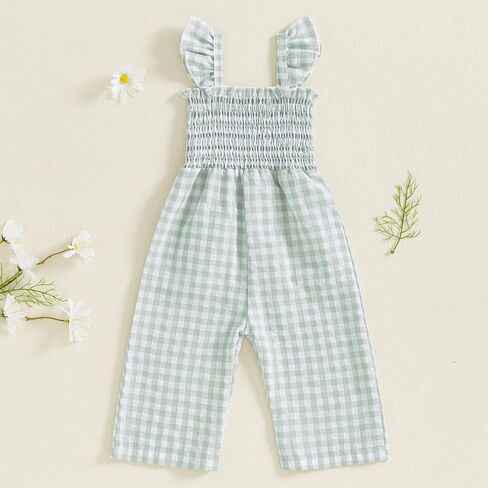 Toddler Baby Girl Gingham Jumpsuit Ruffle Smocked Rompers Suspender Overalls Coveralls Outfit Summer Clothes in Saudi Arabia
