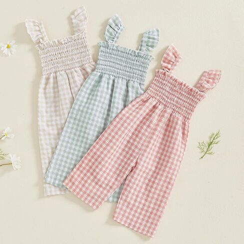 Toddler Baby Girl Gingham Jumpsuit Ruffle Smocked Rompers Suspender Overalls Coveralls Outfit Summer Clothes in Saudi Arabia