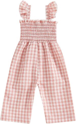 Toddler Baby Girl Gingham Jumpsuit Ruffle Smocked Rompers Suspender Overalls Coveralls Outfit Summer Clothes in Saudi Arabia