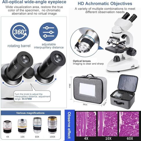 Lab Compound Binocular Microscopes 40X-6000X/10000/20000X Magnification with 2.0MP Electric Eyescope,Capturing Image,Recording Video, WF10X WF25X,Dual Power Supply Methods(Size:20000X) in Kuwait