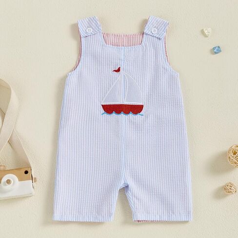 Newborn Baby Boy Girl 4th Of July Outfit American Truck Boat Sleeveless Romper Fourth Of July Striped Jumpsuit Summer in Kuwait