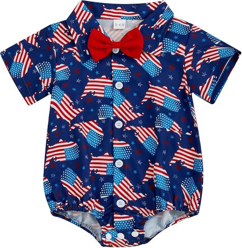 Newborn Baby Boy 4th of July Outfit Dress Shirt Bodysuit Button Down Short Sleeve Bowtie Romper One Piece Outfit in Saudi Arabia