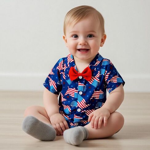 Newborn Baby Boy 4th of July Outfit Dress Shirt Bodysuit Button Down Short Sleeve Bowtie Romper One Piece Outfit in Saudi Arabia
