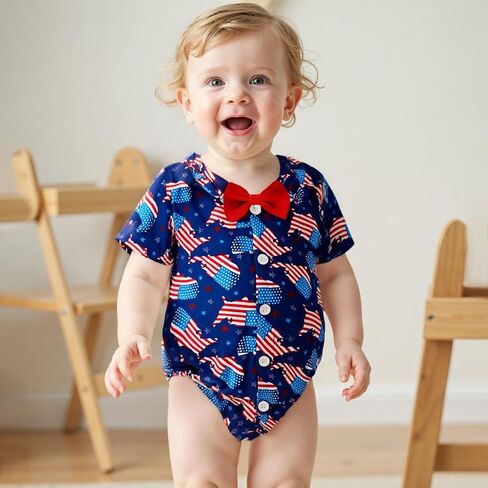 Newborn Baby Boy 4th of July Outfit Dress Shirt Bodysuit Button Down Short Sleeve Bowtie Romper One Piece Outfit in Saudi Arabia