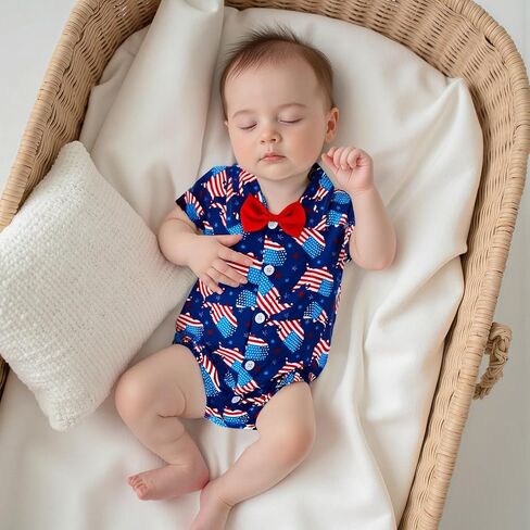 Newborn Baby Boy 4th of July Outfit Dress Shirt Bodysuit Button Down Short Sleeve Bowtie Romper One Piece Outfit in Saudi Arabia