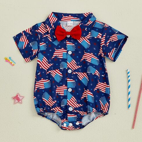 Newborn Baby Boy 4th of July Outfit Dress Shirt Bodysuit Button Down Short Sleeve Bowtie Romper One Piece Outfit in Saudi Arabia