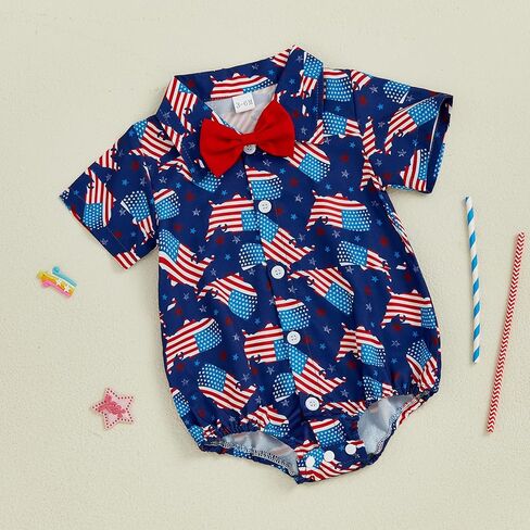 Newborn Baby Boy 4th of July Outfit Dress Shirt Bodysuit Button Down Short Sleeve Bowtie Romper One Piece Outfit in Saudi Arabia