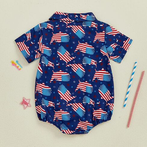 Newborn Baby Boy 4th of July Outfit Dress Shirt Bodysuit Button Down Short Sleeve Bowtie Romper One Piece Outfit in Saudi Arabia