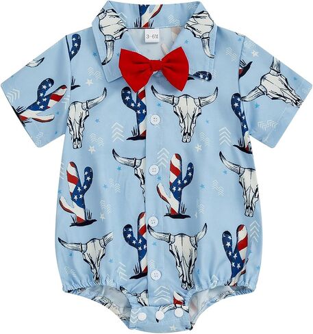 Newborn Baby Boy 4th of July Outfit Dress Shirt Bodysuit Button Down Short Sleeve Bowtie Romper One Piece Outfit in Saudi Arabia