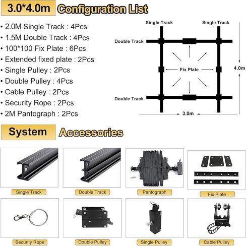 DATOUBOSS 118" x158" Studio Pantograph Photography Ceiling Rail System 3.0Mx4.0M Studio Rail Lighting System Pantograph Studio Arm 43-200CM Studio Ceiling Rail System Photography (3.0x4.0M-A1) in Kuwait
