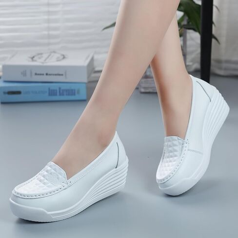 Women's Leather Breathable Wedge Heel Nurse Loafers Comfortable Round Toe Platform Non-Slip Hollow Breathable Slip-On Work Shoes Mother Shoes in Kuwait