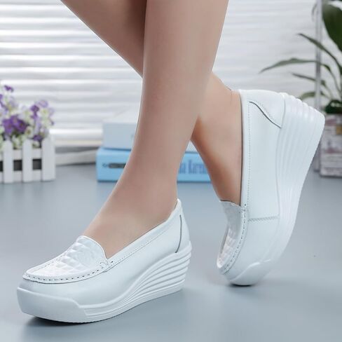 Women's Leather Breathable Wedge Heel Nurse Loafers Comfortable Round Toe Platform Non-Slip Hollow Breathable Slip-On Work Shoes Mother Shoes in Kuwait