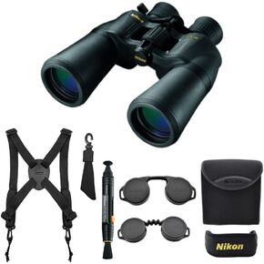 Nikon Aculon A211 10-22x50 Porro Prism Zoom Binoculars (Black) with Binocular Harness and Cleaning System Bundle (3 Items)